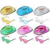 Holographic Cowgirl Space Rave Hat with Rimless Heart Shape Sunglasses Neon Sparkly Cowboy Hat for Women Men Summer Costume Party (Blue, Rose, Green, Yellow, Pink, White, 12 Pieces)