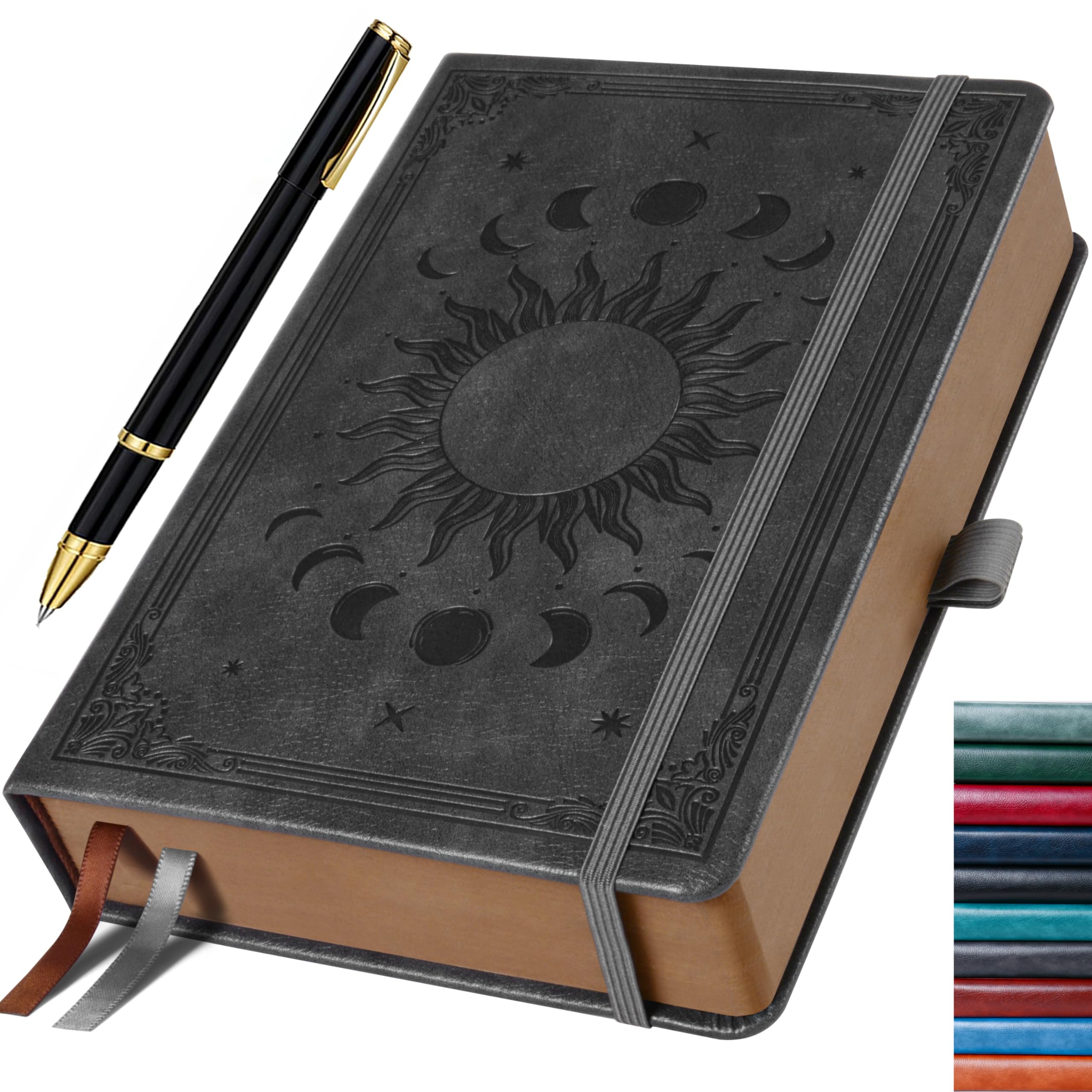 HwxBen Journal for Men & Women, Daily for Classic Lined Writing, 360 Pages Hardcover Journaling Notebook with Pen, Vintage Sun & Moon Design,Dark Grey, A5 (5.9'' x 8.5'')