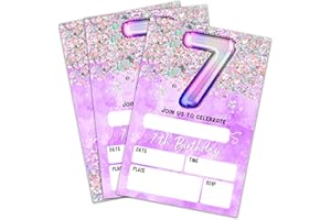 AKTFV 7Th Birthday Invitation Cards, Holographic Balloons Double-Sided Fill In Style Birthday Invites With Envelopes, Glitter Purple 7 Years Old Invitations For Girls, Teen, Party Favor & Supplies - A09