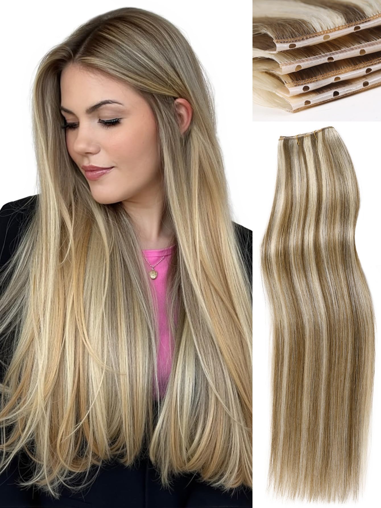 Photo 1 of WIGNEE 22 Inch OVO Hand-Tied Weft Double Layered Real Remy Human Hair Blonde Ombre Seamless Glueless Extensions with Micro Beads Luxury Match for Blended Blonde Highlights Hair Extensions (9A/60)