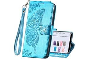 HAOTP for Samsung Galaxy A15 5G Phone Case Wallet,Women Flip Folio Cover Credit Card Holders Emboss Butterfly Flower PU Leather Purse Wrist Strap Kickstand Case for Samsung Galaxy A15 5G Blue