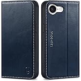 SHIELDON Wallet Case for iPhone 16e 2025, Genuine Leather Foldable Magnetic Cover Kickstand RFID Blocking Credit Card Holder Shockproof Phone Case Compatible with iPhone 16e 6.1" - Retro Dark Blue