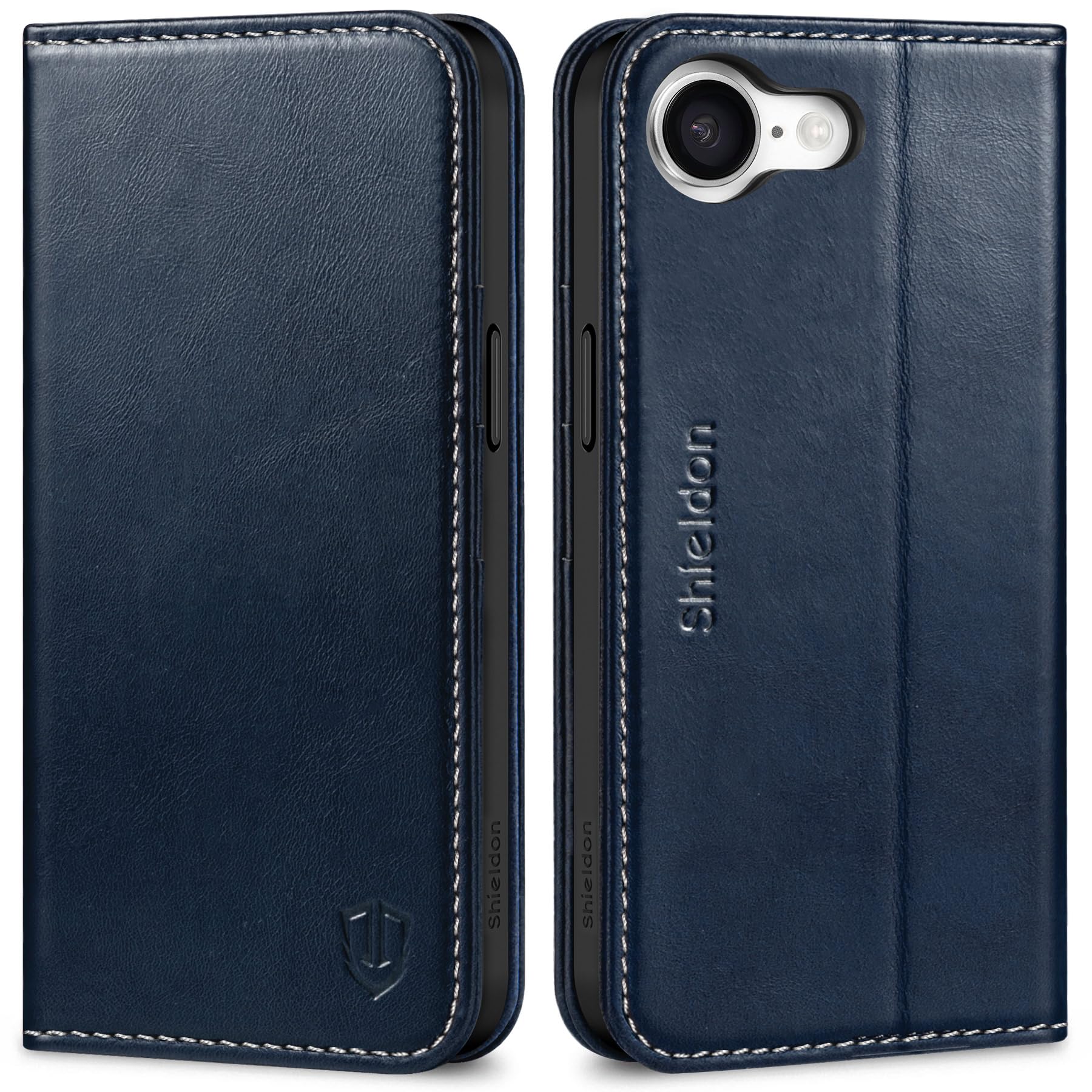 SHIELDON Wallet Case for iPhone 17e, for iPhone 16e, Genuine Leather Foldable Magnetic Kickstand RFID Blocking Credit Card Holder Shockproof Cover Compatible with iPhone 16e 6.1" - Retro Dark Blue