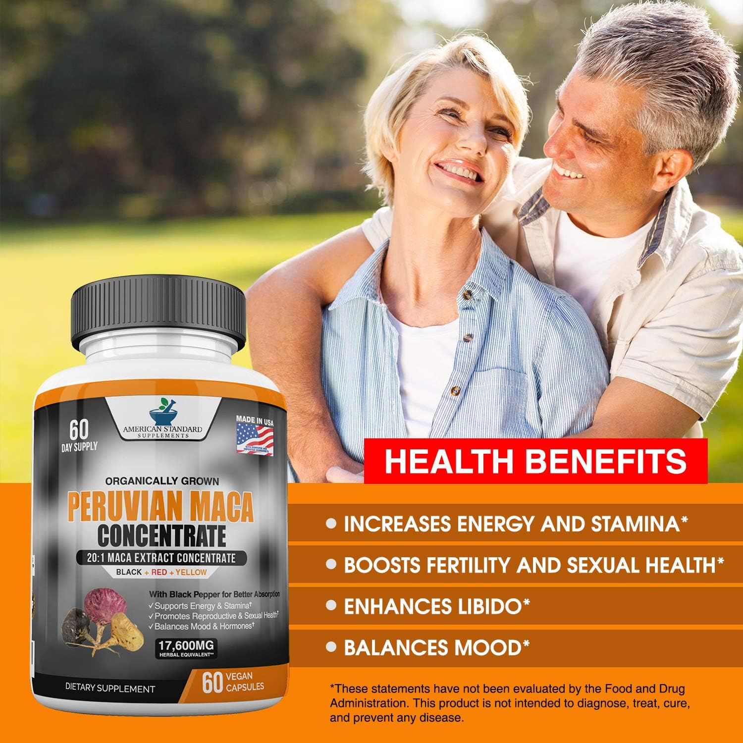Maca Organic Peruvian Powder Capsules - 17,600 mg Per Capsules - Black, Red, Yellow Root with Black Pepper Extract, Increase Energy, Stamina, Libido Mood, Hormone for Men & Women, 60 Vegan Capsule: Health & Personal Care