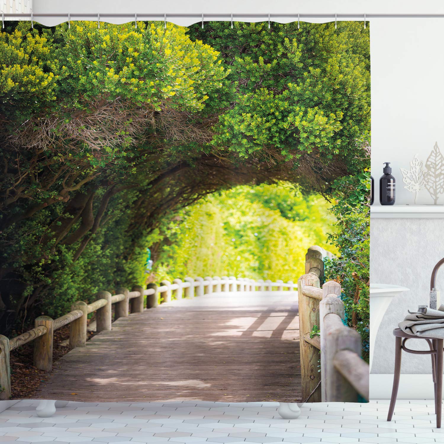 ABAKUHAUS Forest Shower Curtain, Nature Boardwalk Through Green Archway Bridge Foliage Trees Sunny Summer Day, Cloth Fabric Bathroom Decor Set with Hooks, 86 Inches Extra Long, Beige Green Brown