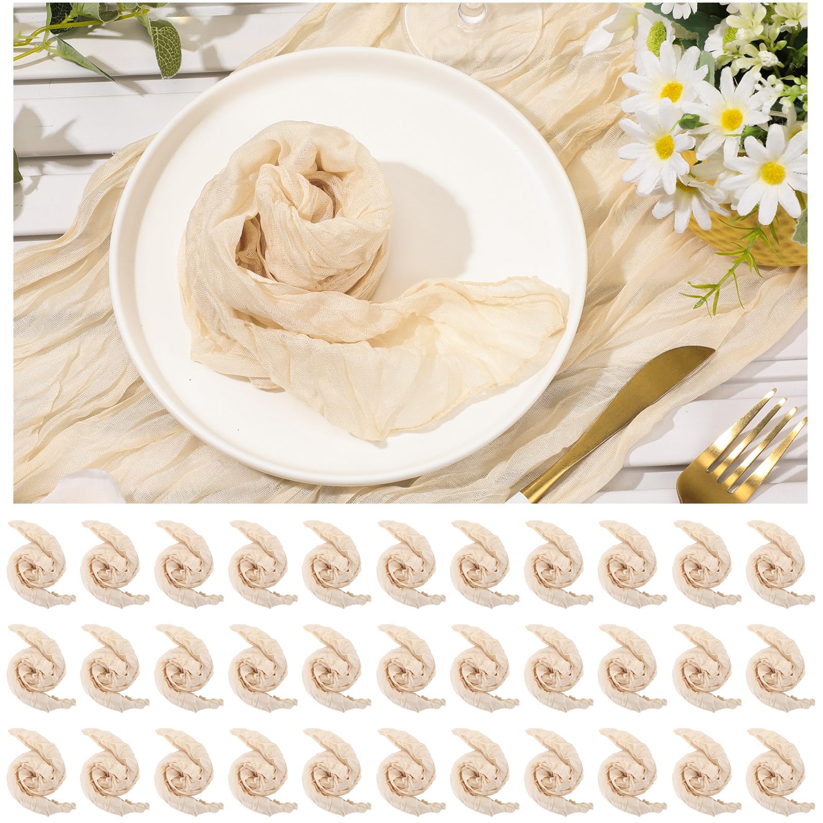 Photo 1 of Mixweer 50 Pcs Cheesecloth Napkins 20 x 20 Inch Wrinkled Gauze Cotton Dinner Napkins Napkins Cheese Cloth Napkins Decorative Cloth Napkins Rustic Boho Table Napkins for Weddings Parties (Beige)