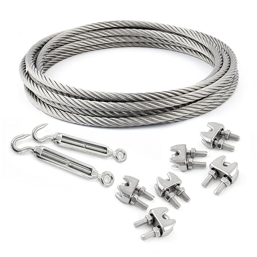 CONJUNTO 25m cable 2mm acero inoxidable cordaje hebra: 7x7 + 6 abrazaderas + 2 tensores ojetes/gancho M4