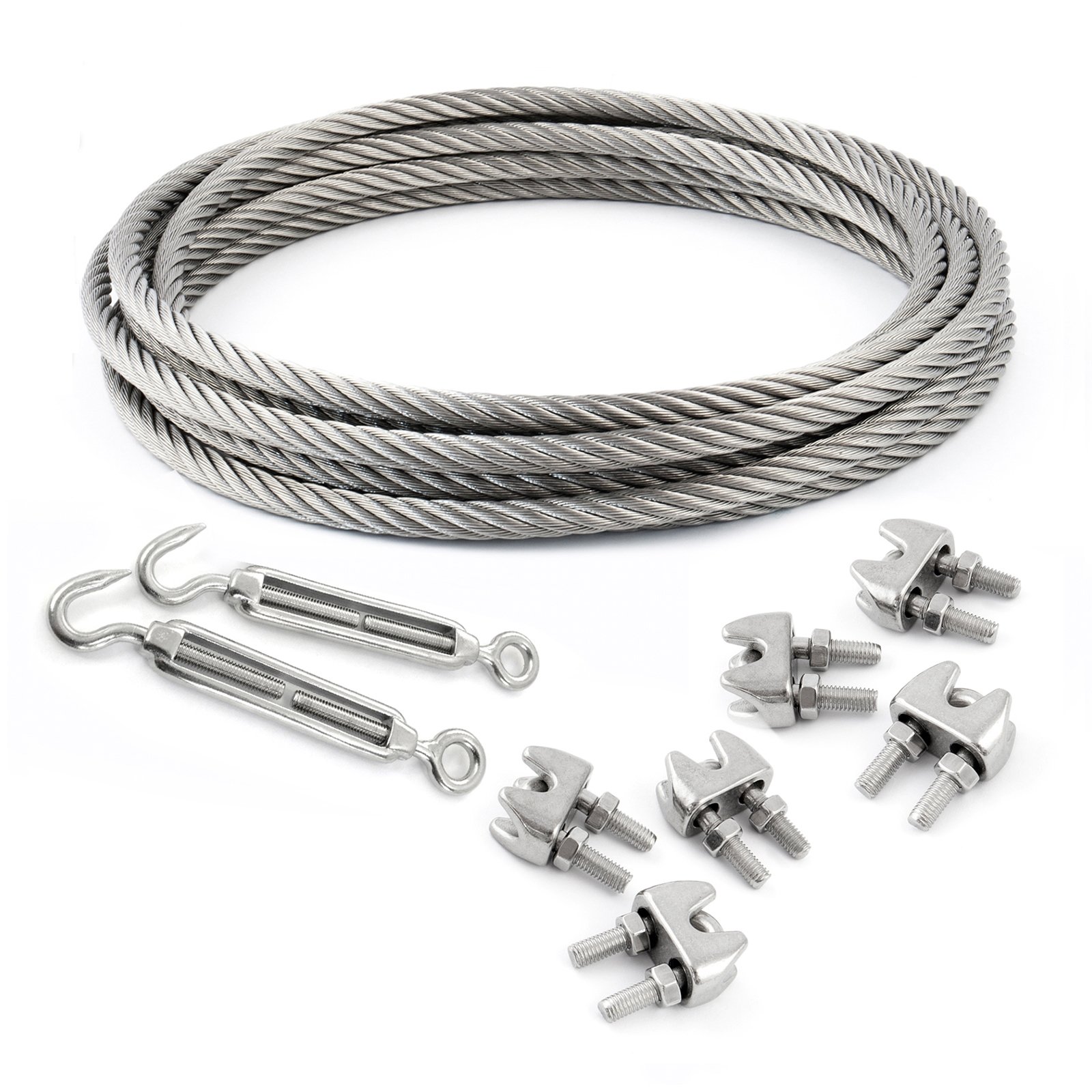 Set 200m Wire Rope Stainless Steel Strand:7x7 2mm + 6 Clips + 2 turnbuckles Eye-Hook M4 + Many Sizes Avaliable - Many Sizes Avaliable