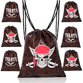 RICHNESS Pirate Drawstring Backpack - 10x12 Inches Medieval Faux Leather Skull Loot Bags for Pirate Adventure Party Favor Pack of 6