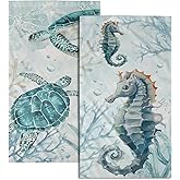 Mweet Watercolor Ocean Hand Towels Set of 2, Blue Sea Turtle Seahorse Animal Nautical Themed Bathroom Towel Soft Dish Cloth for Kitchen,Decorative Absorbent Beach Tea Towels