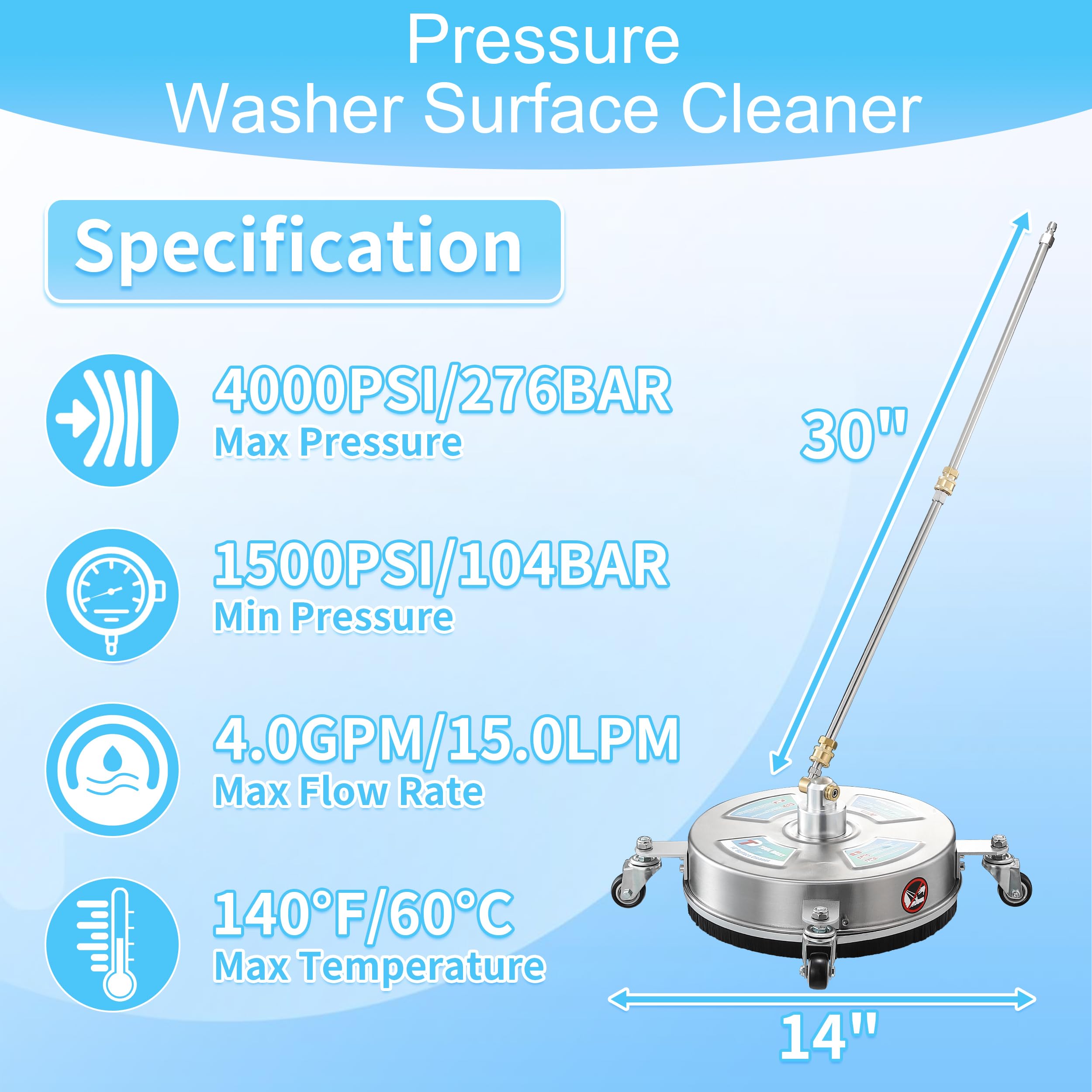 Tool Daily 14” Pressure Washer Surface Cleaner, Stainless Steel Driveway Power Washer Attachment with 4 Wheels, 2 Extension Wands, 4000 PSI