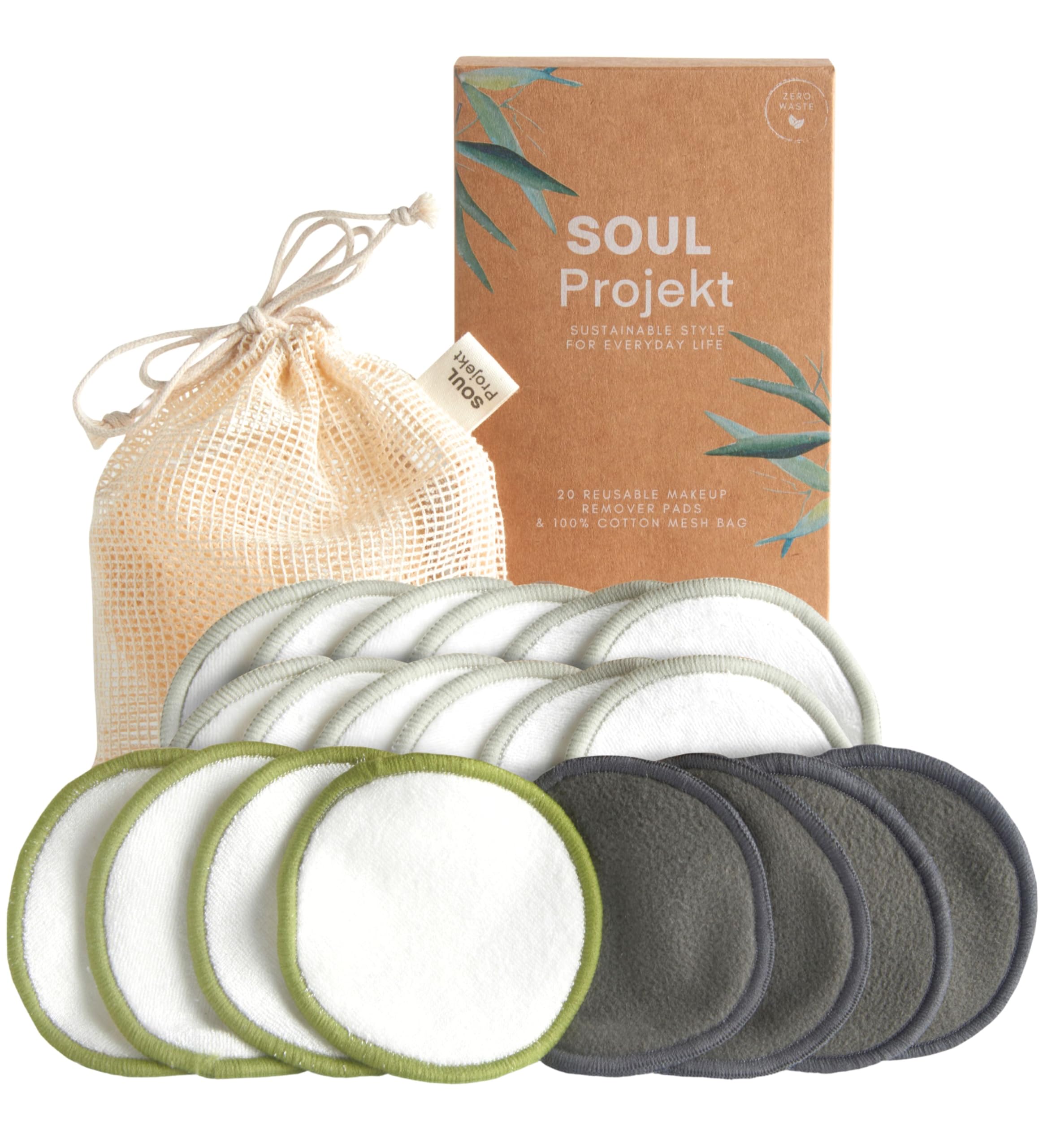 Soul Projekt Reusable Cotton Pads (20 Pack), 100% Organic Bamboo Cotton Face Pad, Washable Makeup Remover Pads, Laundry Bag, Eco Biodegradable No Waste Make Up Wipes, Stocking Fillers, Gifts for Women