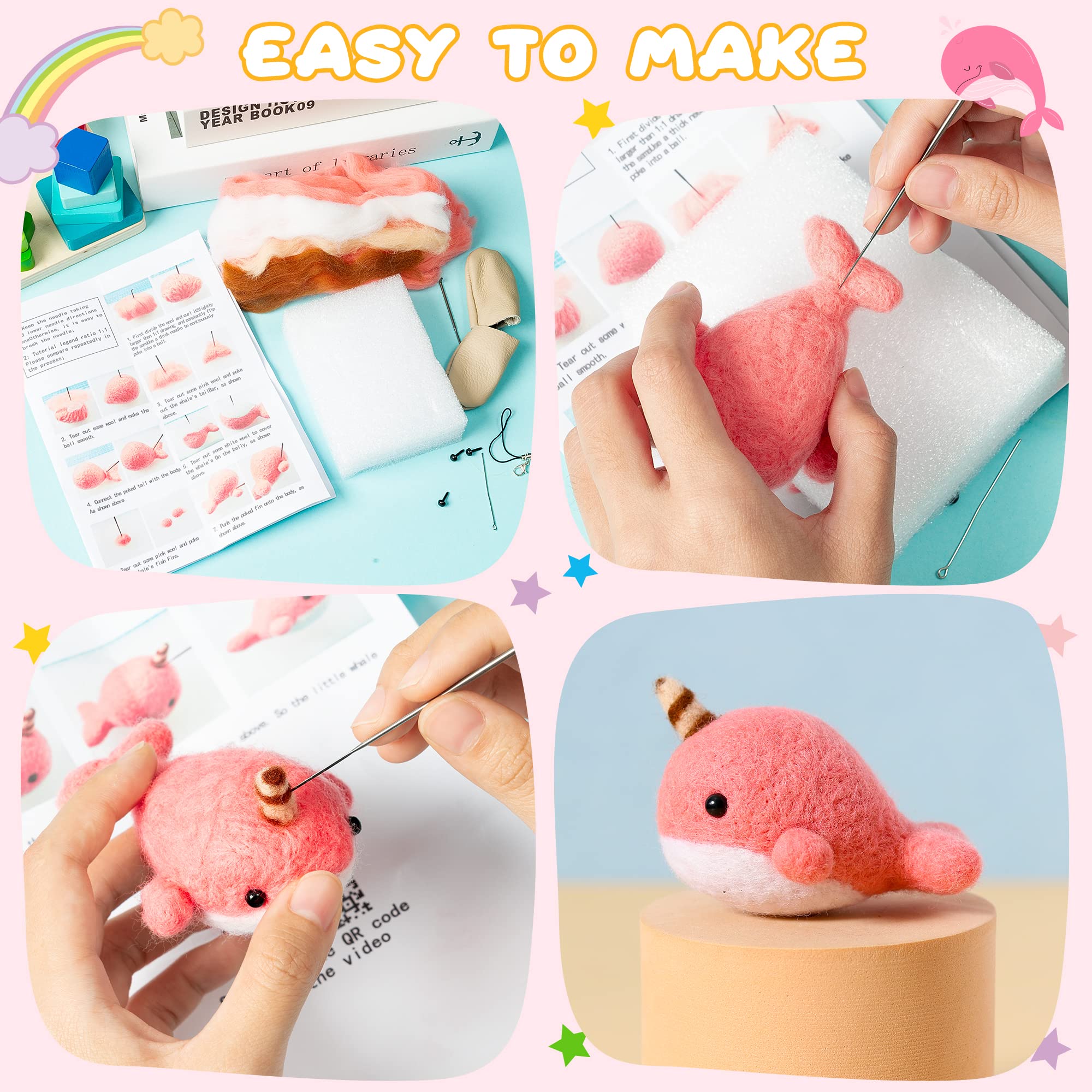 WATINC Set of 4 Cute Animal Needle Felting Starter Kit Frog Chick Bee Narwhal Animal Doll Wool Felting Tools Felt Needles Foam Mat DIY Needlework Craft Party Supplies for Beginners Adults Kids