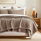 EVERGRACEHOME Stonewashed Cotton Quilt Set Full Queen Size, Ultra Soft Oversized Bedspread Coverlet Set, Lightweight Crinkle Box Stitch Bedding Sets for All Season, with 2 Shams, Mocha Brown