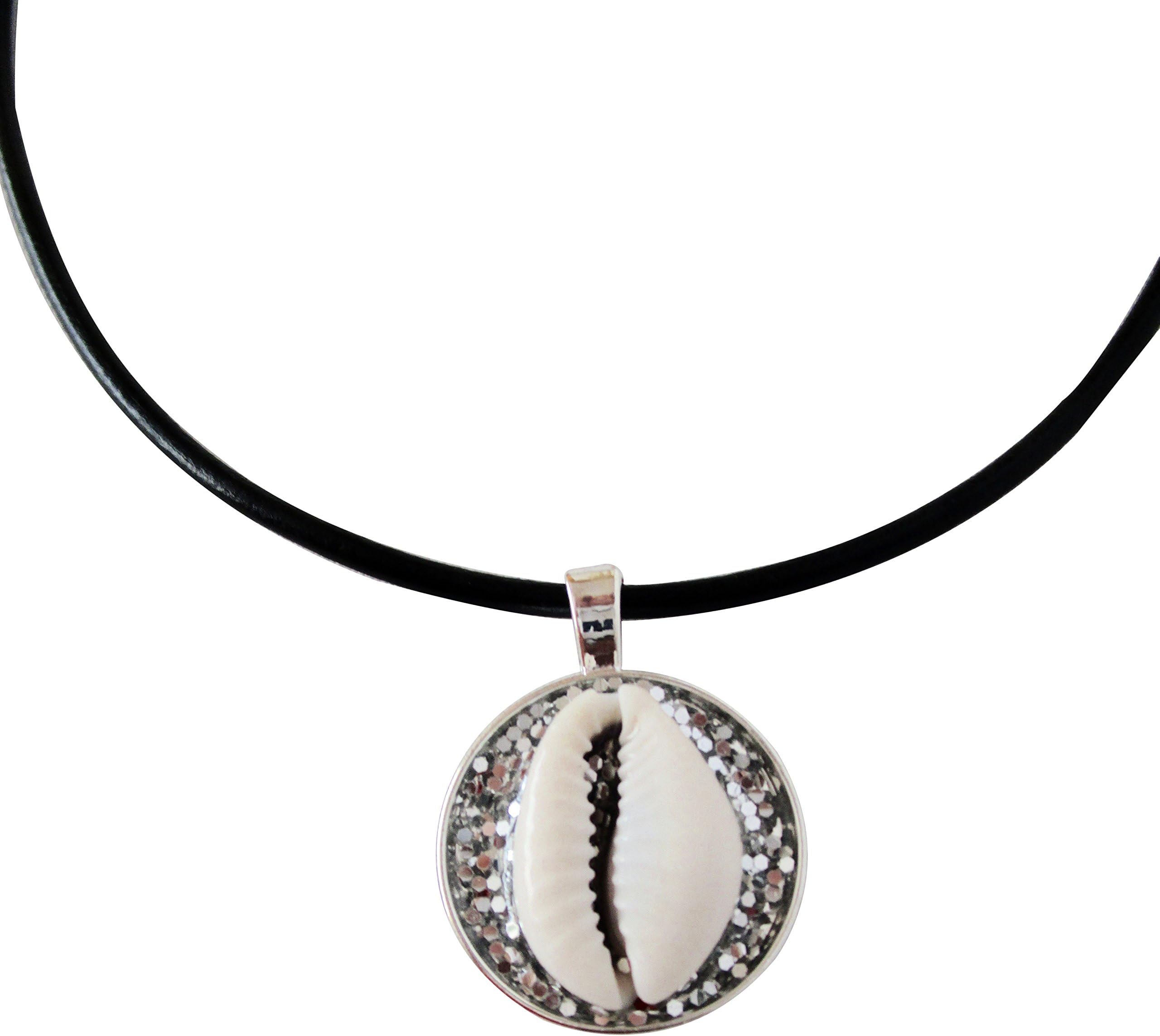 Cowrie Shells Necklace Choker With 3mm Black Cord Leather. African Inspired Jewelry Pendant. 18 inches