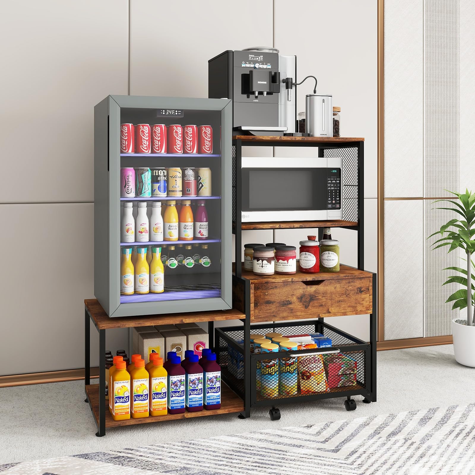 Photo 1 of PUNCIA Mini Fridge Stand with Storage Coffee Bar Cabinet with Power Outlet Beverage Wine Refrigerator Table Microwave Oven Stand Rack with Large Capacity Drawer and Basket for Home Office Dorm