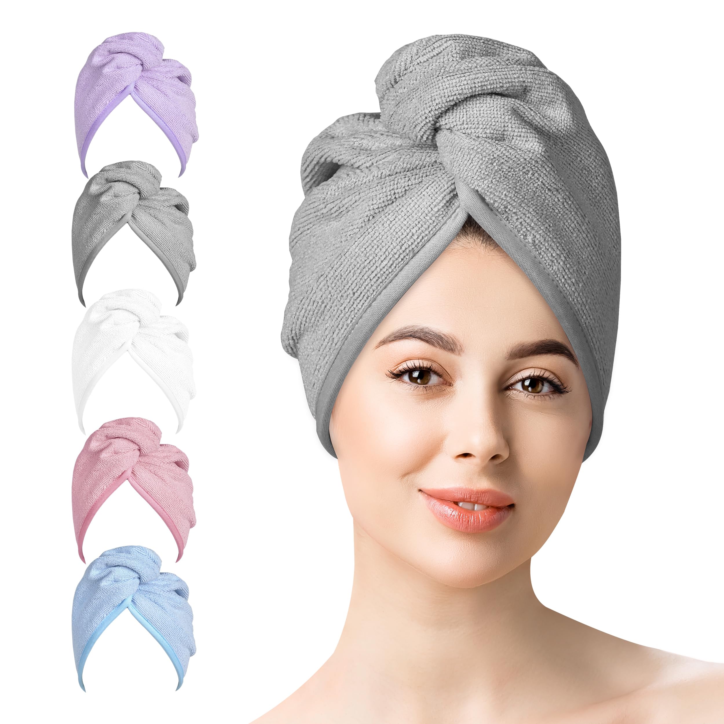 Photo 1 of YoulerTex Microfiber Hair Towel Wrap Set: 5 Packs Turban Towel & Shower Cap for Women's Hair Care