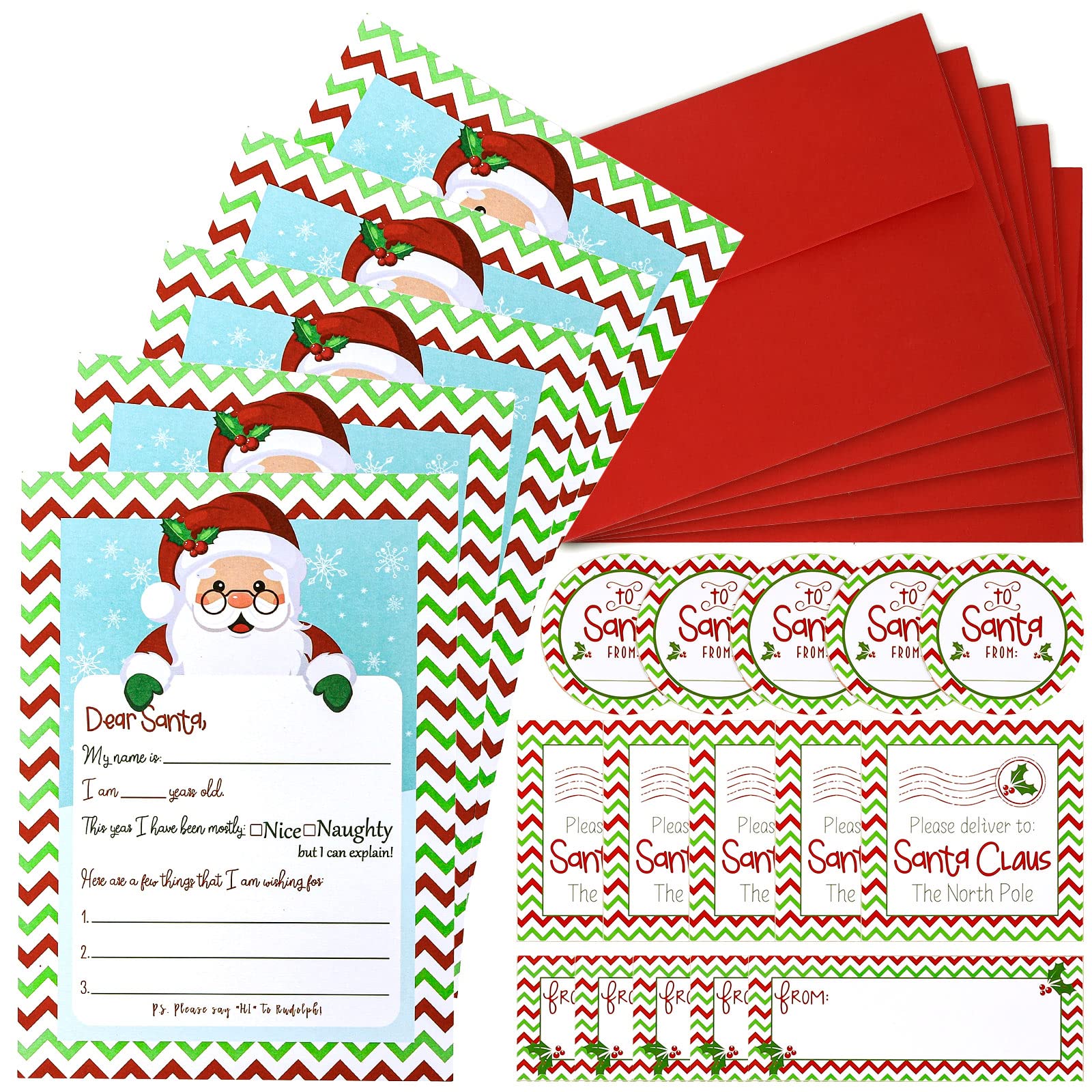AnyDesign 20 Pack Letter to Santa Christmas Wish List Writing Kit Include 5 x 7" Fill in The Blank Card with Red Envelopes and Address Seal Labels Christmas Nice Naughty List for Family Party Favors