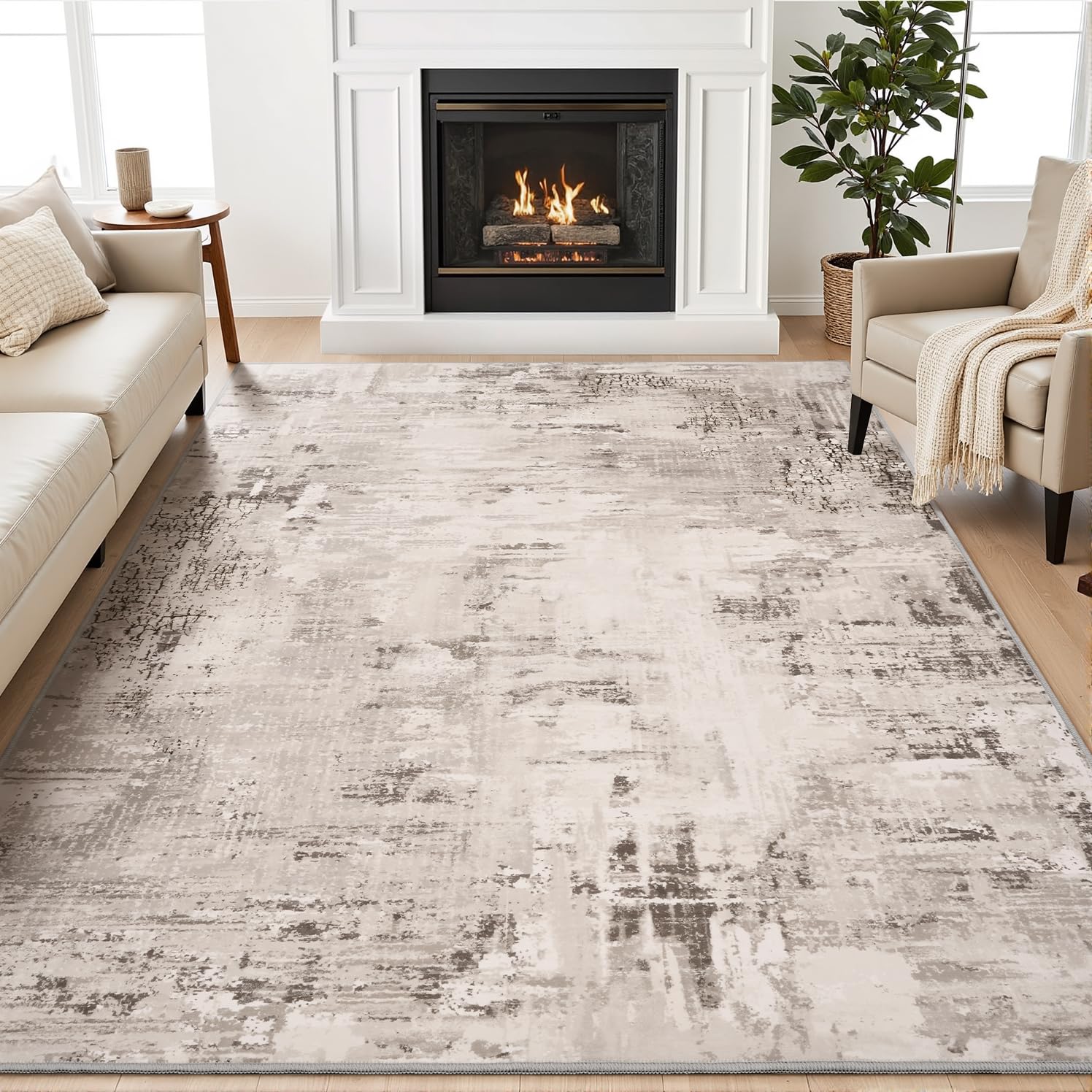 Photo 1 of MontVoo 6x9ft Rectangular Area Rug - Soft, Washable, Non-Slip - Light Beige Abstract Modern Contemporary Rug for Living Room