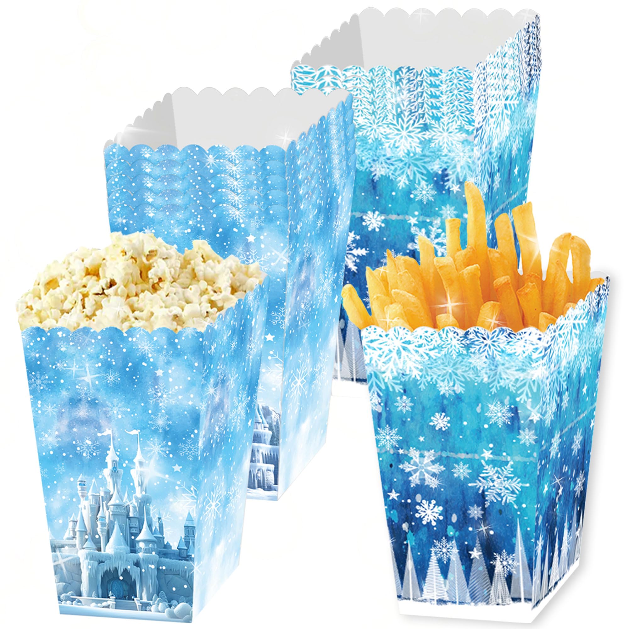 BACH AND BOUJEE 12PCS Snowflake Party Popcorn Boxes Blue Snowflake Candy Treats Goodie Favor Bags Winer Party Supplies for Birthday Christmas Winter Wonderland Baby Shower