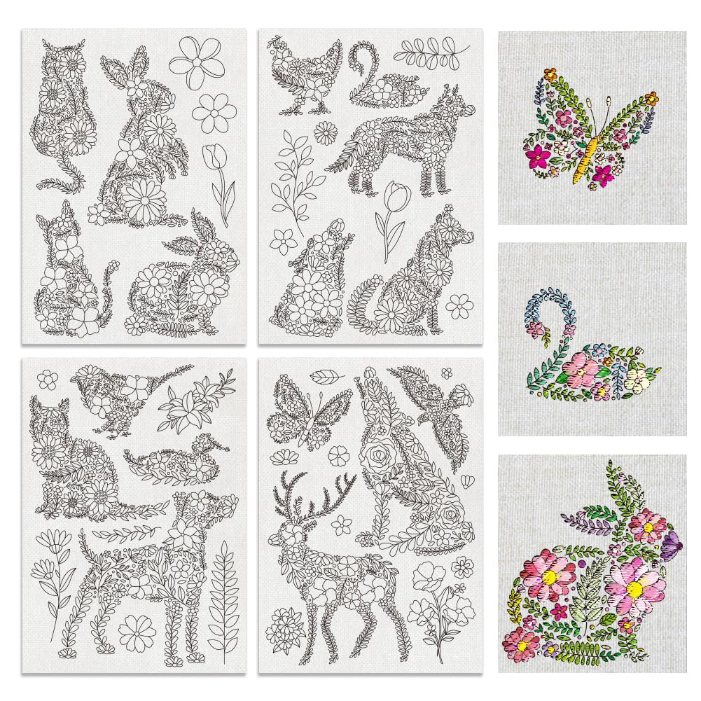 BENECREAT 4 Sheets 41pcs Flower Animals Water Soluble Hand Sewing Stabilizers, Flower Leaves Pattern Tear Away Embroidery Stabilizers for Embroidery, Carves, Shirts, Coats, Bags, Towels