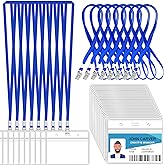 100 Pcs Clear Horizontal Badge Id Card and 100 Pcs Lanyard, Reusable Lanyards for Id Badge Holder Name Tag Badge Holder with Lanyards for Adults Kids Business School Conferences (Blue)