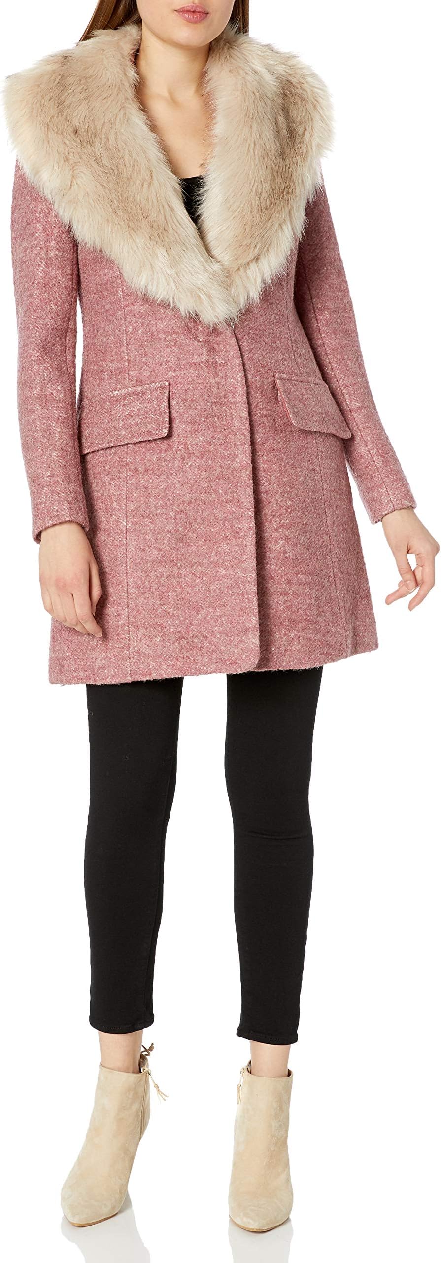 Women's Mid Length Faux Fur Trimmed Boucle Coat