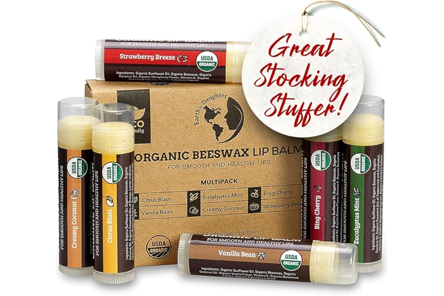 Earth’s Daughter USDA Organic Lip Balm 6-Pack Stocking Stuffers – Fruit Flavors, Beeswax, Coconut Oil, Vitamin E – Best Lip Repair Chapstick for Dry Cracked Lips – Moisturizing Lip Care