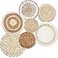 Set of 7 Boho Wall Baskets, Wall Hanging Rattan Decor, Flat Round Woven Water Hyacinth Corn Husk Farmhouse Handmade Macrame Hanging Woven Baskets for Living Room Bedroom Dining Room - Light Color