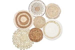 CODOHI Set of 7 Boho Wall Baskets, Wall Hanging Rattan Decor, Flat Round Woven Water Hyacinth Corn Husk Farmhouse Handmade Macrame Hanging Woven Baskets for Living Room Bedroom Dining Room - Light Color