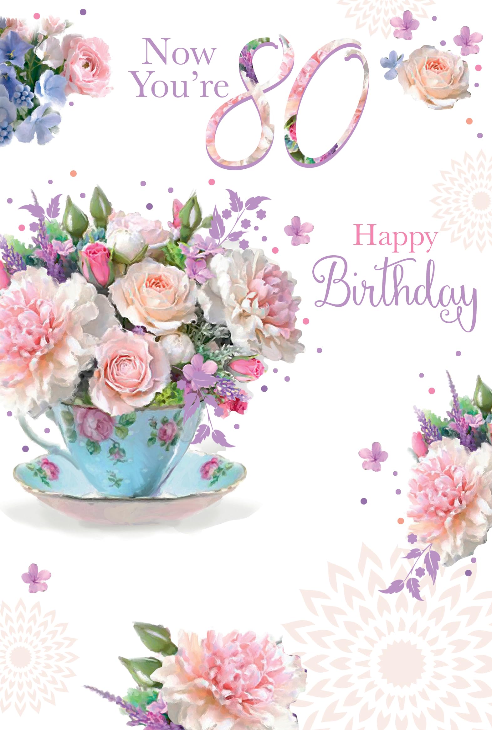 Age 80 80th Birthday Card - Pink Flowers in Teacup with Glitter 7.75" x 5.25"