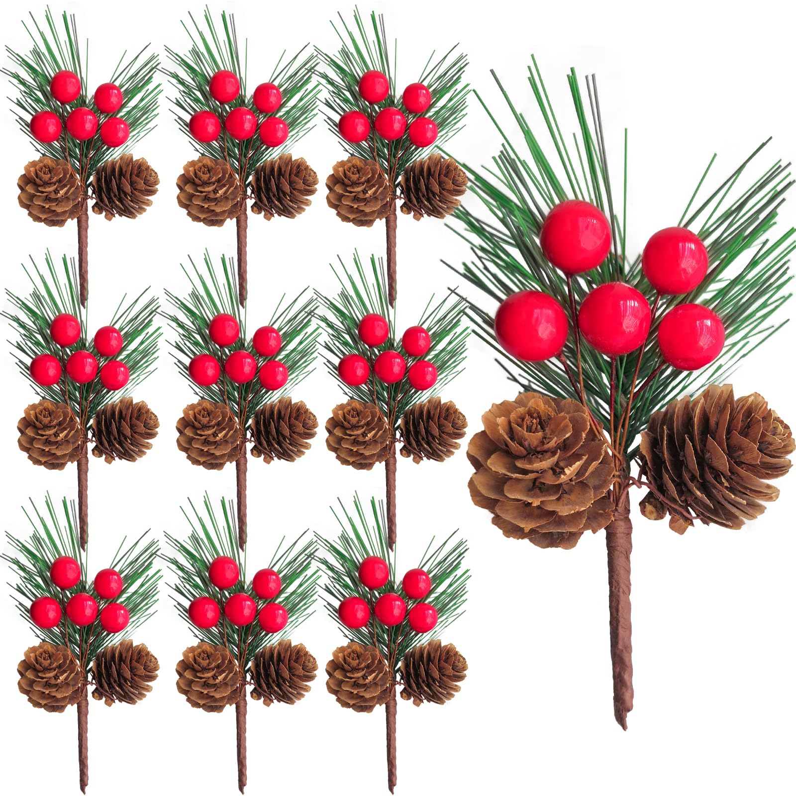 Photo 1 of 10 Pcs 4.7-Inch Artificial Pinecone and Berry Picks, Christmas Tree Picks, Pine Tree Needles Branches, Realistic Faux Pine Sprigs with Red Berries for DIY Wreaths, Garlands, and Home Xmas Decorations