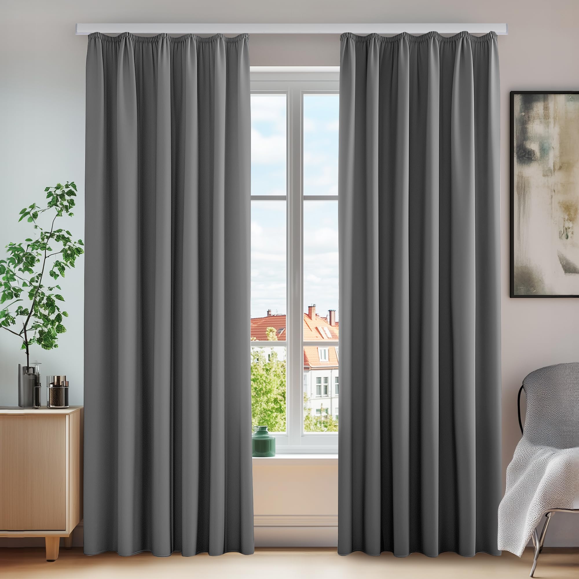 Deconovo Set of 2 Blackout Thermal Curtains with Ruffle Tape 290 x 140 cm (H x W) Light Grey