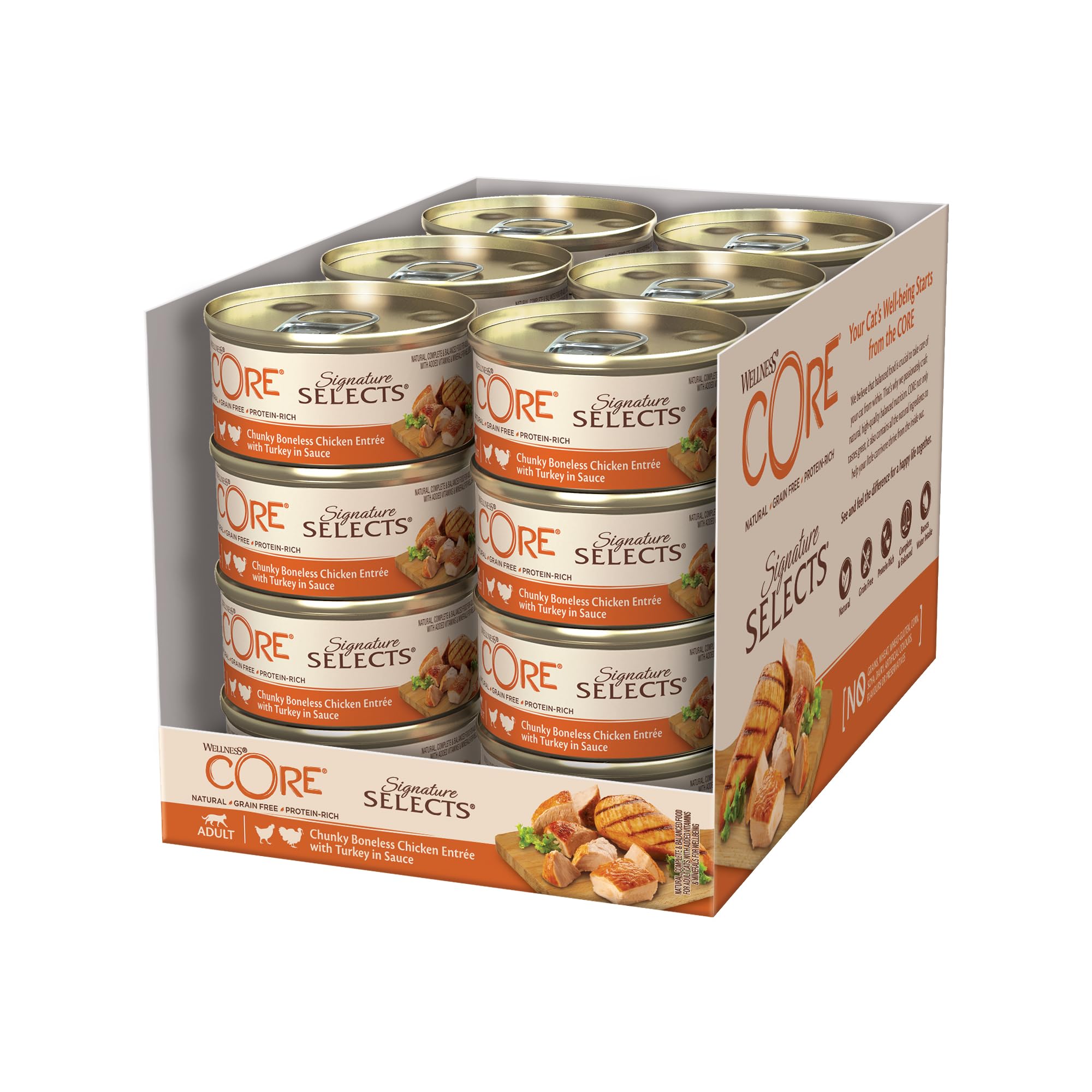 Wellness CORE Signature Selects 24 x 79g, Chunky Chicken & Turkey – Wet Cat Food, Tender Chunks in Sauce, Grain-Free, Natural, Hypoallergenic, Protein-Rich, High Meat Content