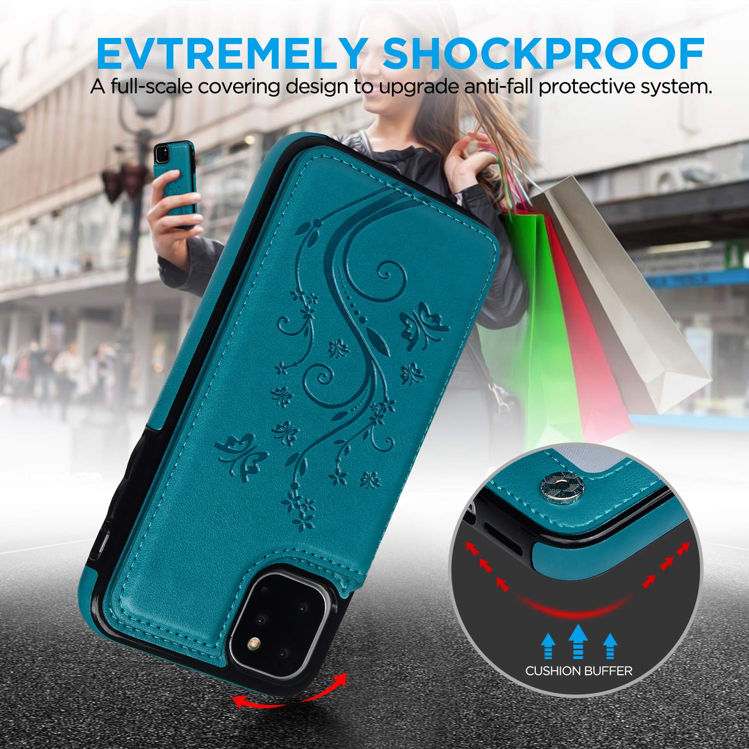 SUPWALL iPhone 11 Pro Max Wallet Case, Case with Card Holder Embossed Butterfly Premium PU Leather Double Magnetic Buttons Flip Shockproof Protective Cover for iPhone 11 Pro Max 6.5 inch, Blue