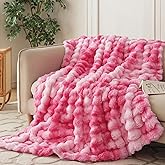 COOVA Faux Fur Throw Blanket for Couch, Cozy Soft and Fuzzy Plush Rabbit Fur Bubble Blanket for Sofa Bedroom Living Room, 50x60 Inches Tie Dye Pink