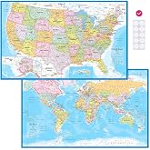2 Pack Laminated World Map &amp; USA Map Poster Set &ndash; 18"x29" Wall Chart | Educational Geography Decor for Classroom, Home, School, Office | Matte No-Glare with Adhesive Stickers