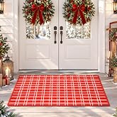 Moucuny 3' X 5' Red and White Christmas Windowpane Plaid Outdoor Rug | Front Porch Door Mat Washable, Farmhouse Entryway Decor, Welcome Layering Mat for Themed Party Rustic Indoor Outdoor