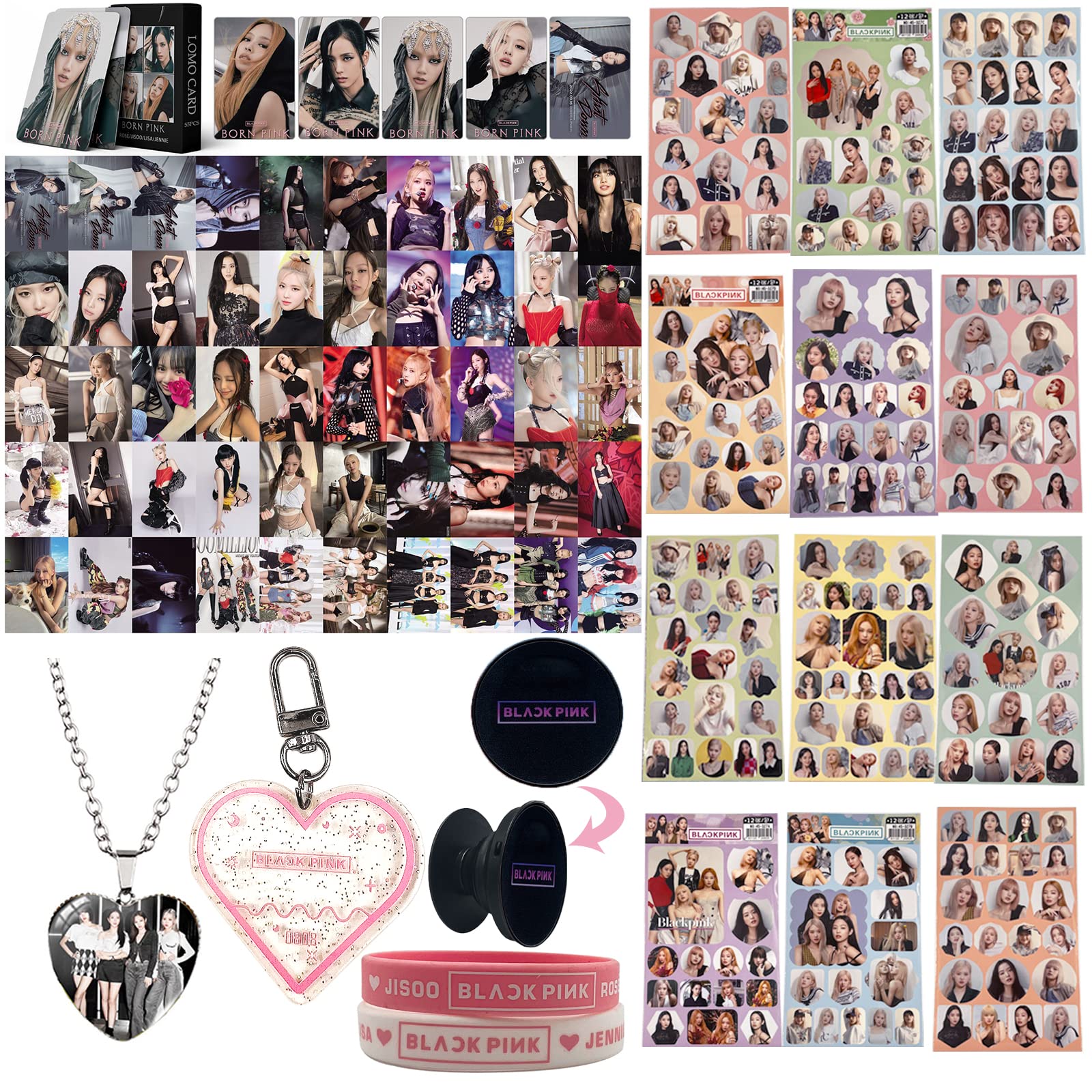 Tulufanskrr Bp Gift Set, Fan Item, Fans Gift Set for Blink, Kpop Accessory, Coffret Cadeau Fans Bp para Blink, Kpop Merchandise Autocollants Collier Pendentif Coeur Porte-Clés Coeur