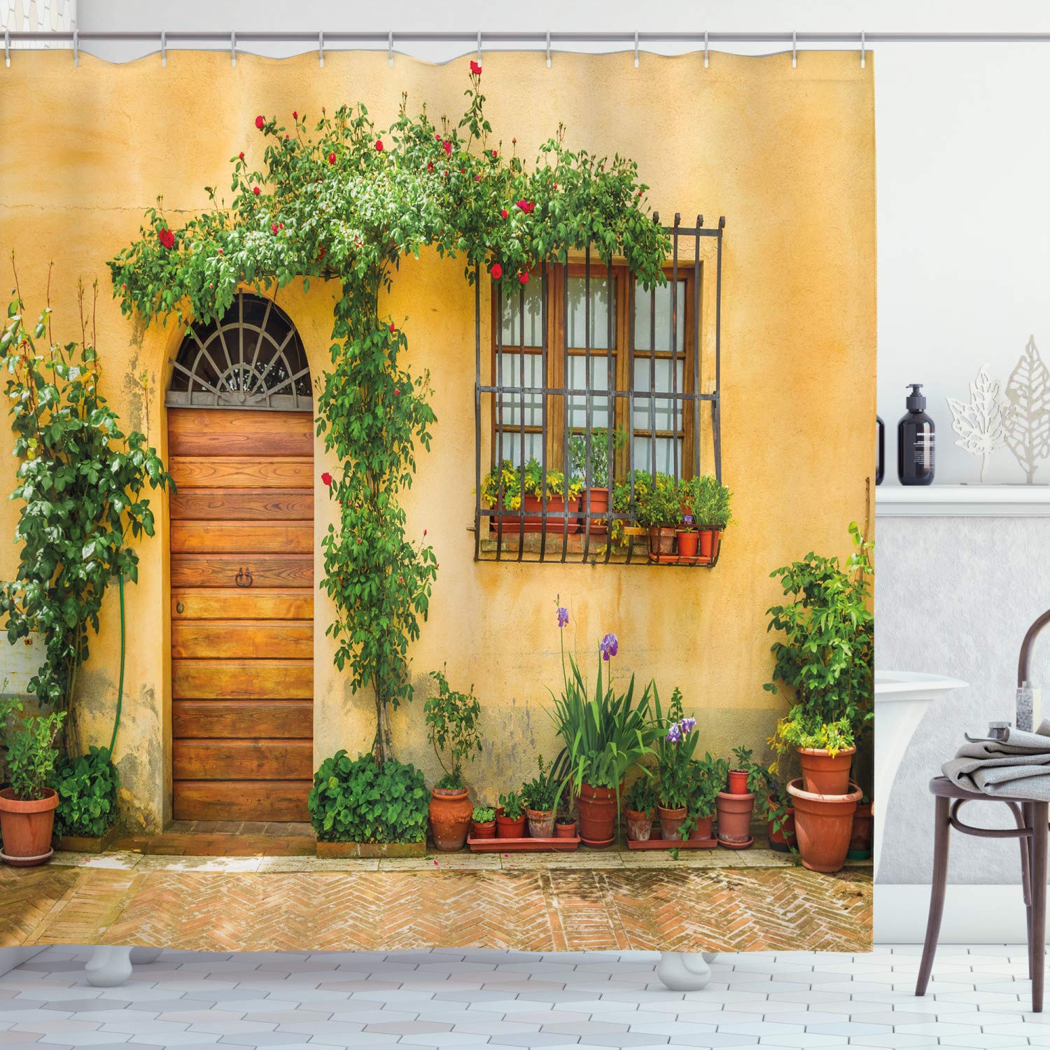 ABAKUHAUS Italy Shower Curtain, Porch Different Flowers Pots Fresh Plants City Life in Tuscany Europe, Cloth Fabric Bathroom Decor Set with Hooks, 70 Inches, Apricot Green Brown