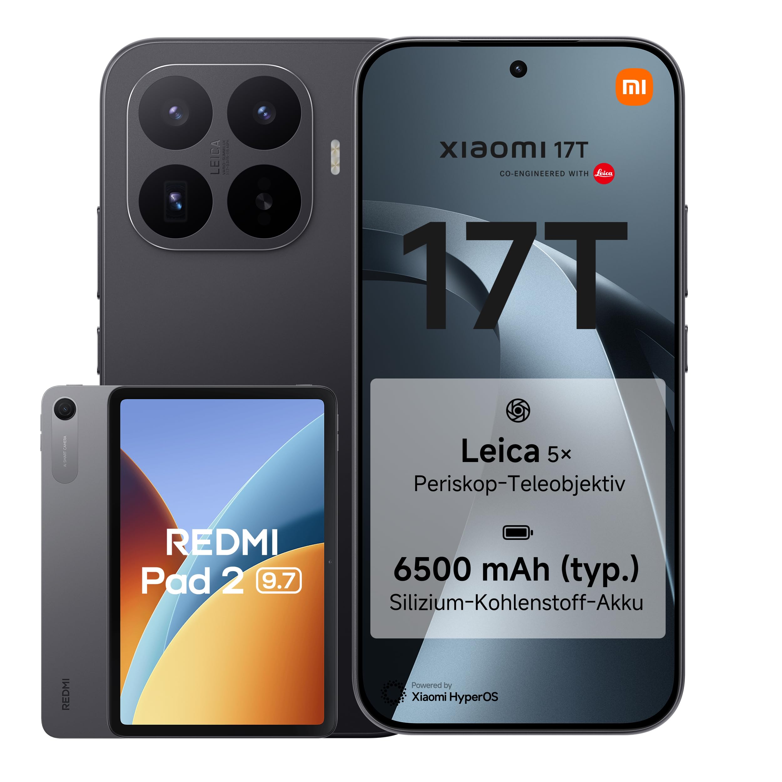 XIAOMI 17T Smartphone 12GB+512GB, Handy mit Android, 6,59'' 120Hz Display, 6500mAh Akku, Leica 5X Telekamera, 67W HyperCharge, Schwarz, 3 Jahre Herstellergarantie, inkl. Redmi Pad 2 9.7 4+64GB Gray