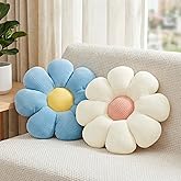 2 Pcs White Blue Flower Pillow Decorative Throw Pillows for Bed Couch Sofa Chair,15.35" Cute Aesthetic Flower Daisy Shaped Pi