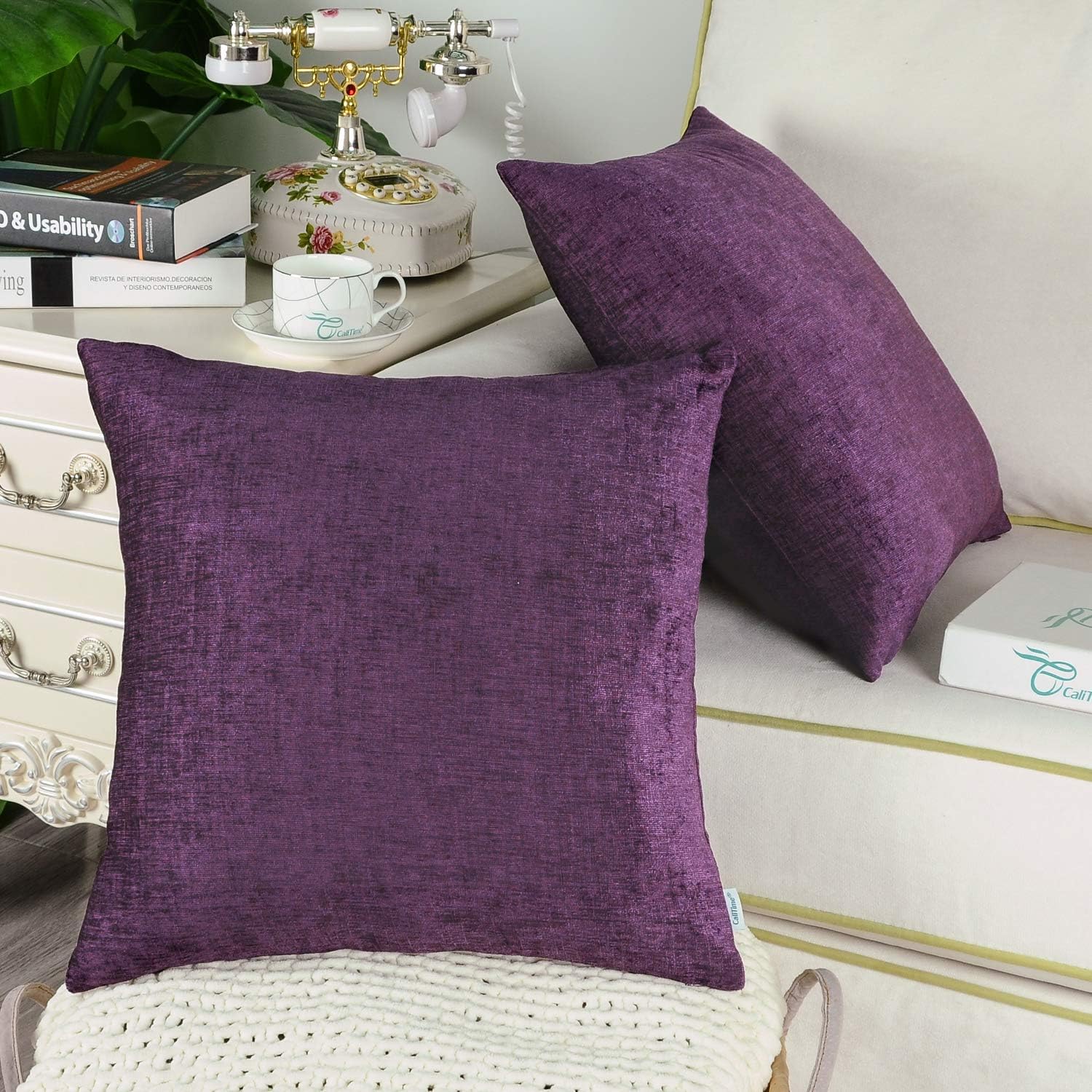 CaliTime Pack of 2 Cozy Throw Pillow Covers Cases for Couch Sofa Home Decoration Solid Dyed Soft Chenille 40cm X 40cm Plum Purple - Image 5