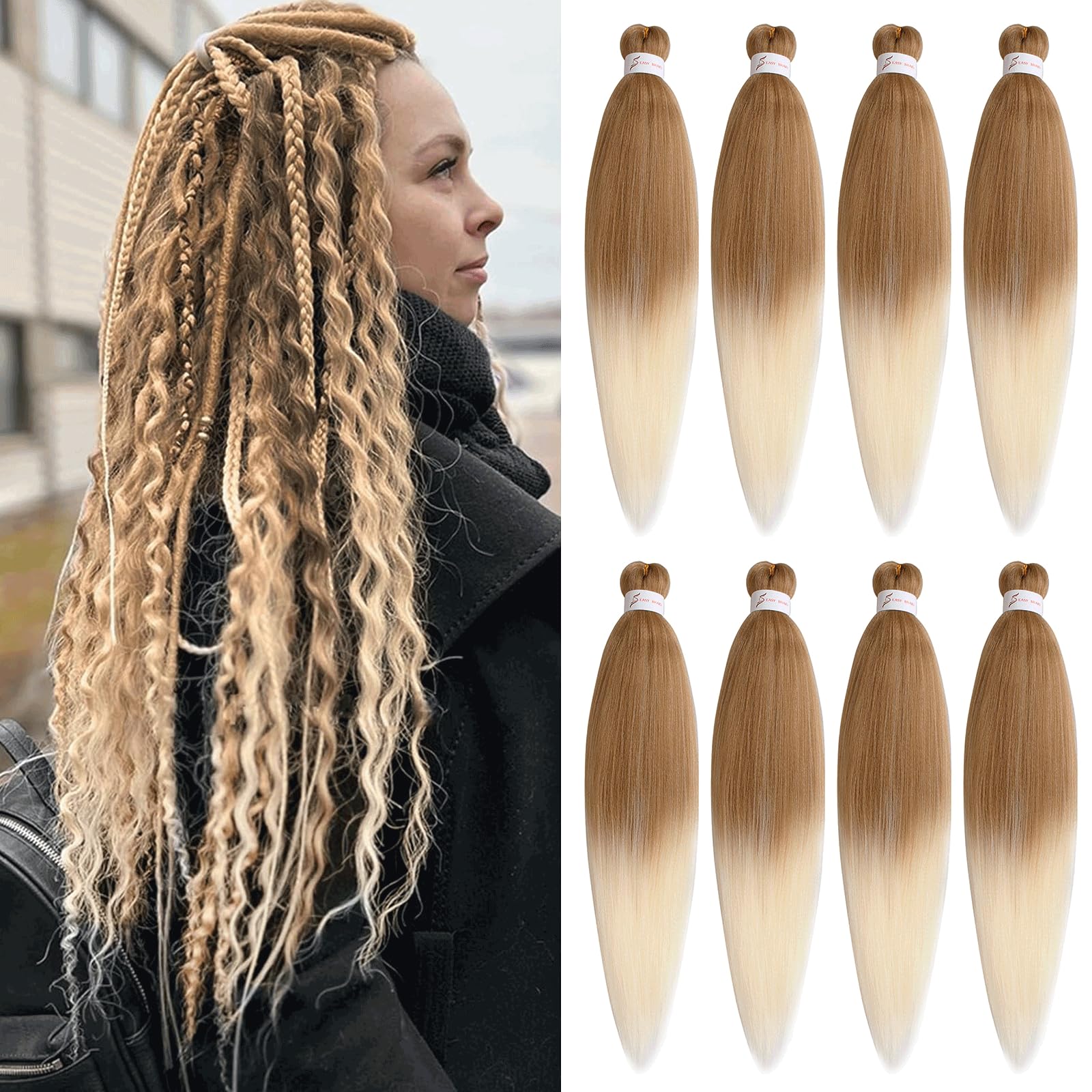 Xtrend 8 Packs Ombre Blonde Braiding Hair - Pre Stretched, Soft Yaki Texture, Synthetic, Not Itchy, Hot Water Setting