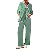 Tankaneo Womens Sweater Set Striped 2 Piece Outfits Oversized 3/4 Sleeve V Neck Knit Tops Wide Leg Pants Fall Lounge Sets