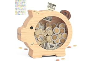 Summidate Wooden Piggy Bank for Kids, Personalized Money Bank with Clear Window, Easy-Access Coin Bank for Girls and Boys, Id