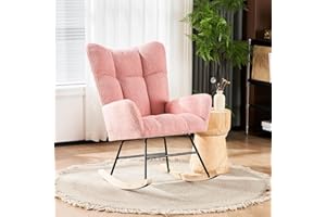 Wrofly Rocking Chair for Nursery, Modern Glider Rocker with High Backrest Armchair,Teddy Fabric Upholstered Comfy Rocking Chair for Nursery Living Room Bedroom Office (Pink)