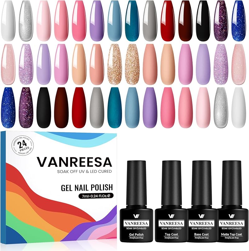 VANREESA 24 PCS Gel Nail Polish Set with Base Top Coat 21 Colors