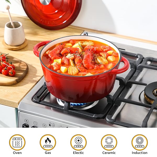VELAZE 7.5 QT DUTCH OVEN POT WITH LID, ENAMELED CAST IRON DUTCH OVEN WITH DUAL HANDLES FOR SOURDOUGH BREAD BAKING, COOKING, NON-STICK ENAMEL COATED COOKWARE (RED)