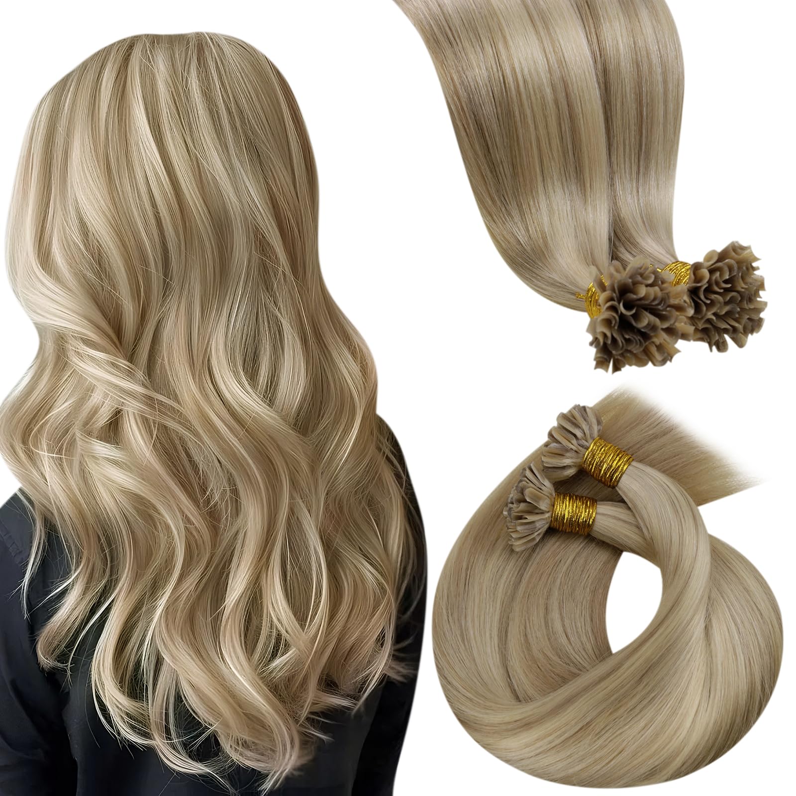 LaaVoo Blonde Hair Extensions U Tip Real Human Hair, Remy Straight Highlight Ash Blonde with Golden Blonde Real Hair Extensions, Hot Fusion for Invisible & Stable 50s 50g 14 Inch #16/22 — image 1